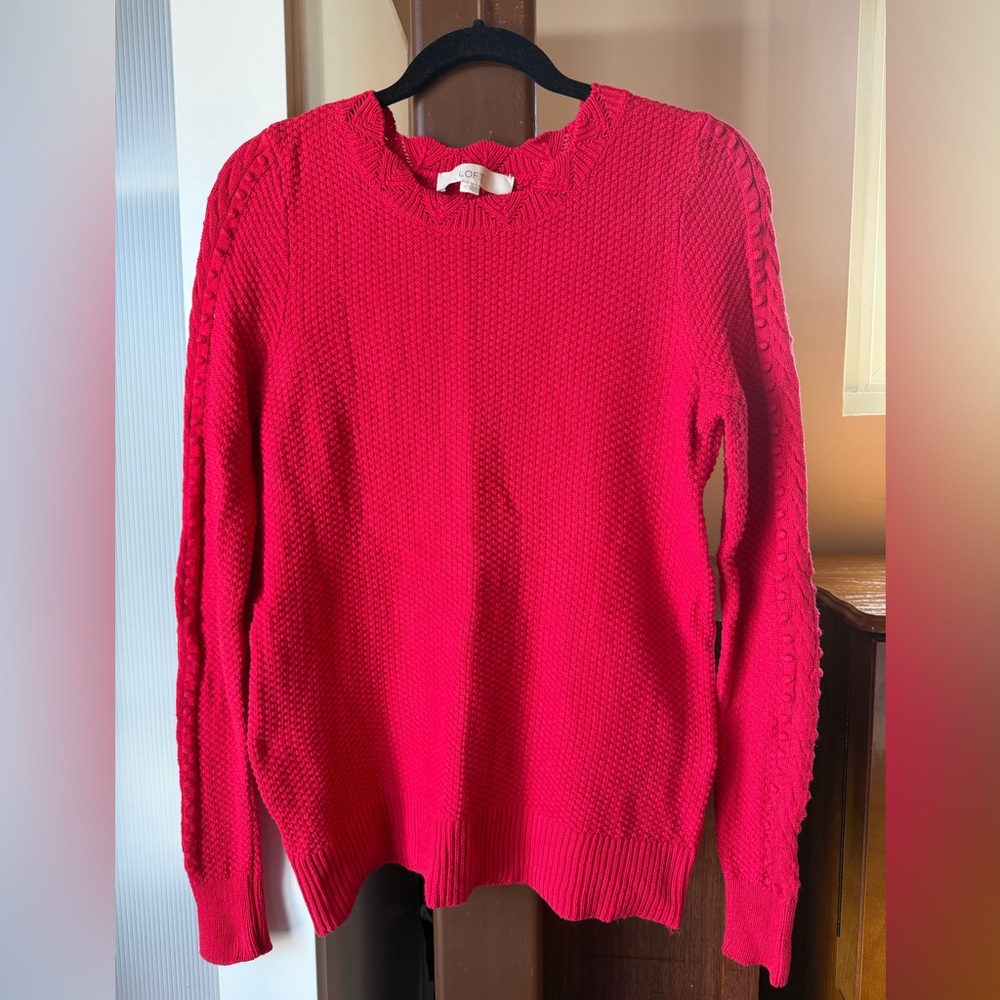 LOFT Red Cable and Bobble Sleeve with Scallop-neck Sweater. So cute.